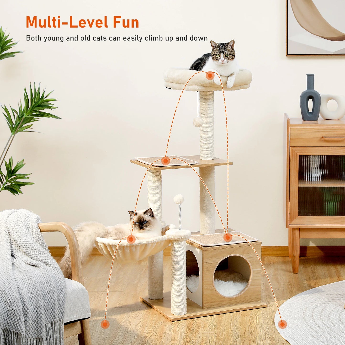 PAWZ Road Modern Cat Tree For Indoor Cats Multi Level Wood Tower With Cozy Condo Hammock