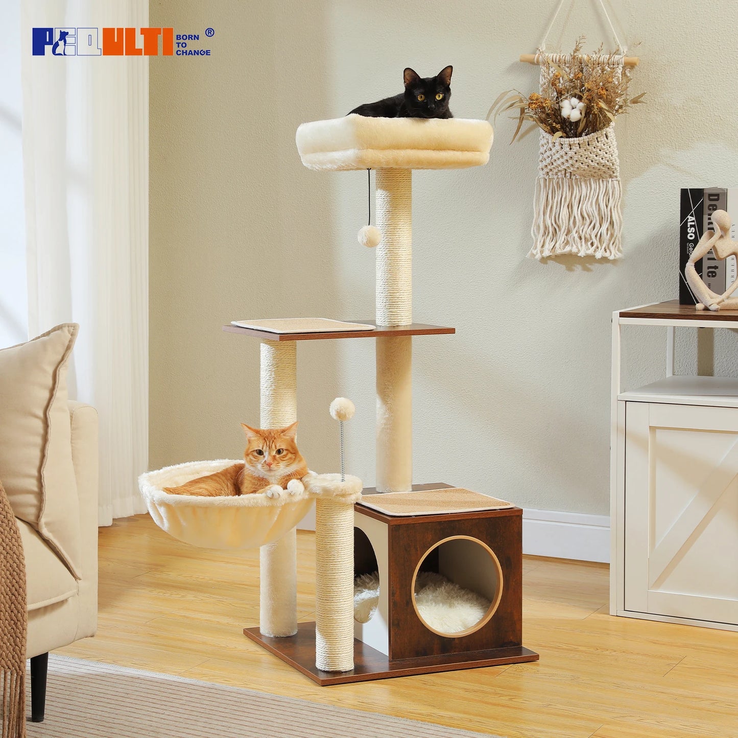 PAWZ Road Modern Cat Tree For Indoor Cats Multi Level Wood Tower With Cozy Condo Hammock