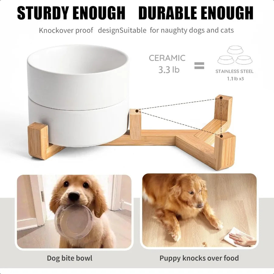Hign-concerned Ceramic Dog Cat Bowl Set With Wooden Stand Non Slip Elevated For Small Pets
