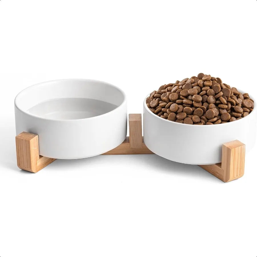 Hign-concerned Ceramic Dog Cat Bowl Set With Wooden Stand Non Slip Elevated For Small Pets