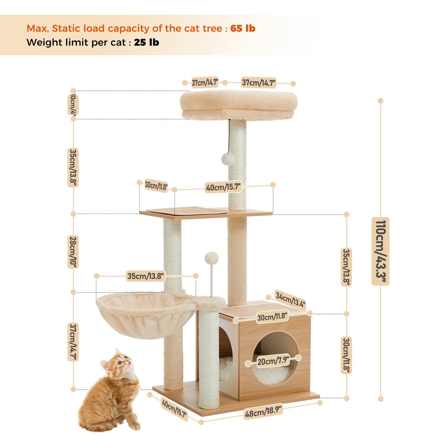 PAWZ Road Modern Cat Tree For Indoor Cats Multi Level Wood Tower With Cozy Condo Hammock