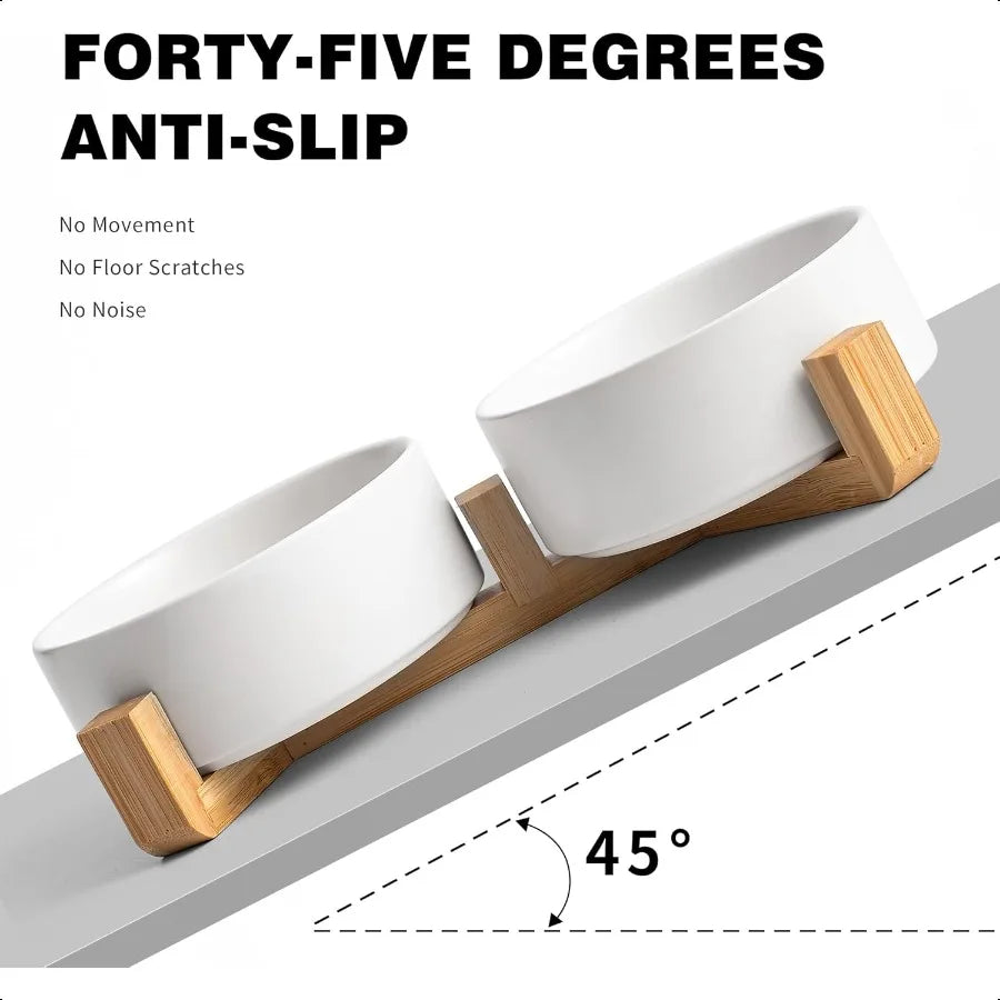 Hign-concerned Ceramic Dog Cat Bowl Set With Wooden Stand Non Slip Elevated For Small Pets