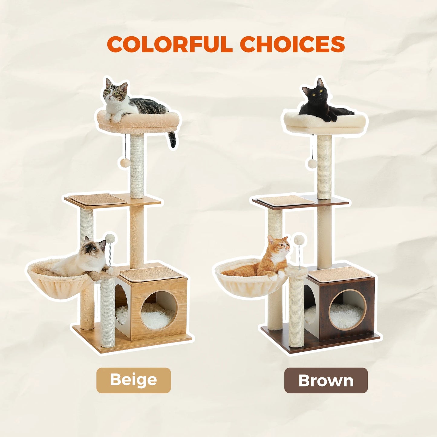 PAWZ Road Modern Cat Tree For Indoor Cats Multi Level Wood Tower With Cozy Condo Hammock