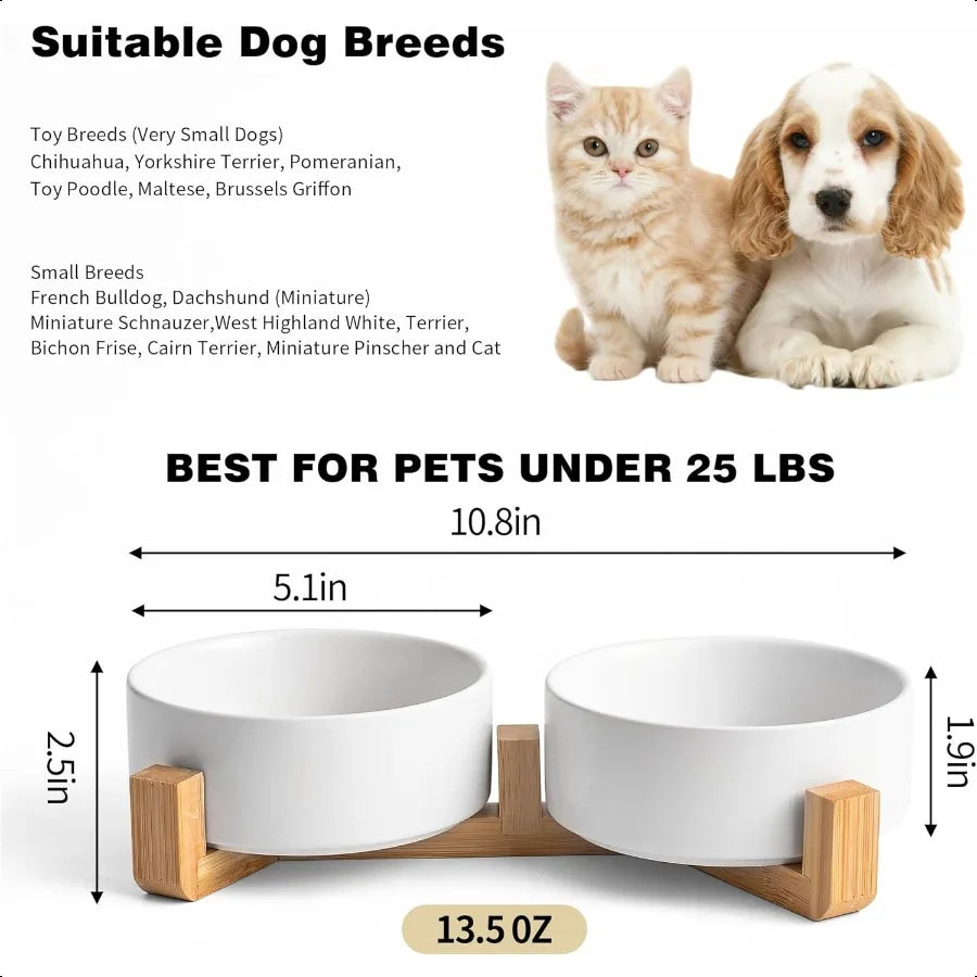 Hign-concerned Ceramic Dog Cat Bowl Set With Wooden Stand Non Slip Elevated For Small Pets